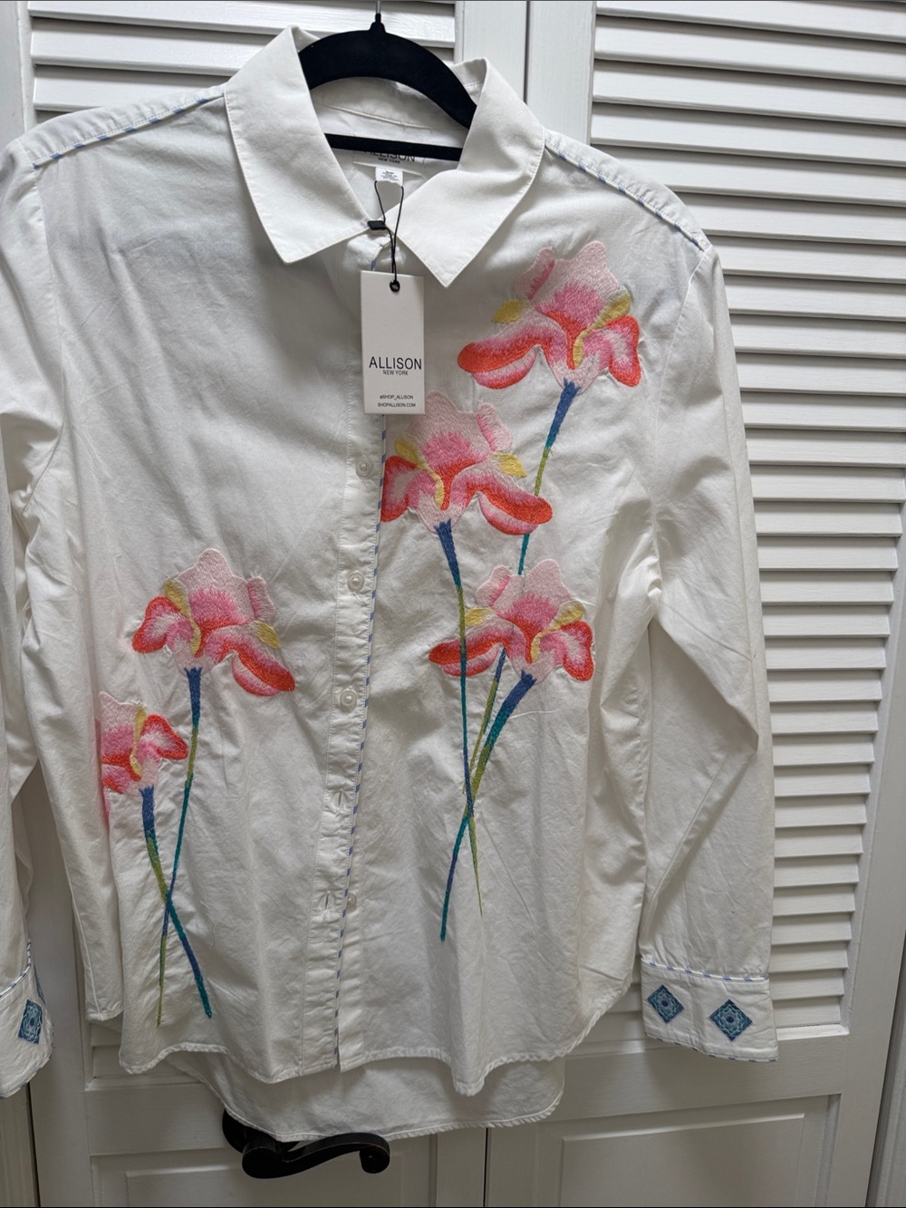 Allison White Button-Down Shirt with Pink Floral Embroidery